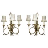 Vintage Pair of Bronze Tri-Candle Sconces