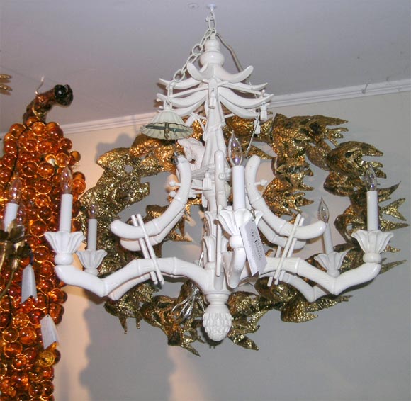 White Painted Wood Chandelier with Monkey