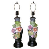 Pair of floral majolica table lamps