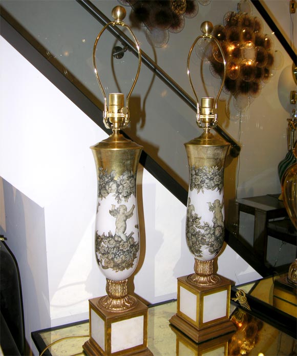 Italian Pair of decoupage glass table lamps