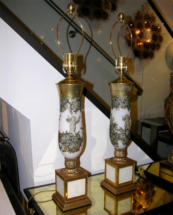 Mid-20th Century Pair of decoupage glass table lamps