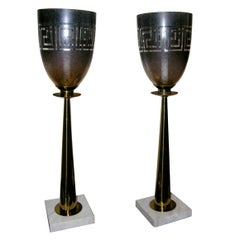 A Pair of Brass and Marble Table Lamps with Hurricane Shades.