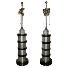 A Pair of Aluminum and Wood Table Lamps.