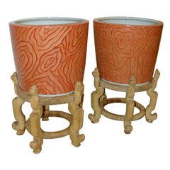 A Pair of Karl Springer Jardinieres and Stands.