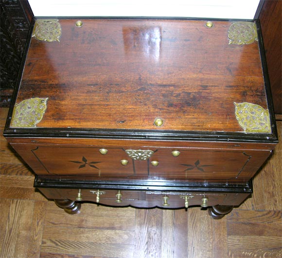 Sri Lankan Padouk and Ebony Inlaid Small Chest on Stand with Brass Mountings and Hardware, c. 1860 <br />
<br />
(27 inches wide x 16 inches deep x 32 inches high)
