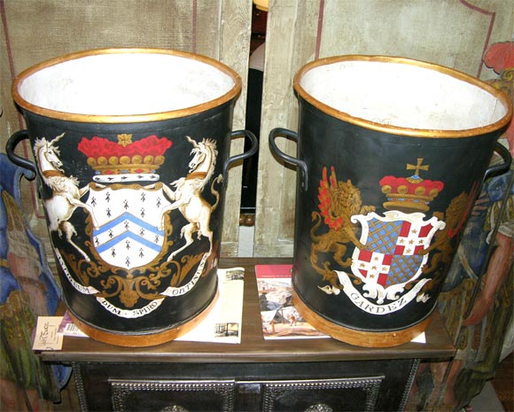 Pair of Large Tole Coal Bins with Painted Armorial Crests