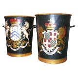 Pair of Large Tole Coal Bins with Painted Armorial Crests