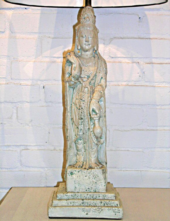 Pair of Asian figure lamps, cast composition with antique finish.<br />
Stone-like quality.