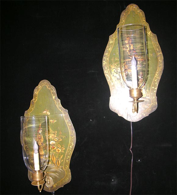 Pair of japanned one light sconces with brass mounts