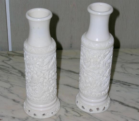 Attractively carved pair of Chinese ivory vases