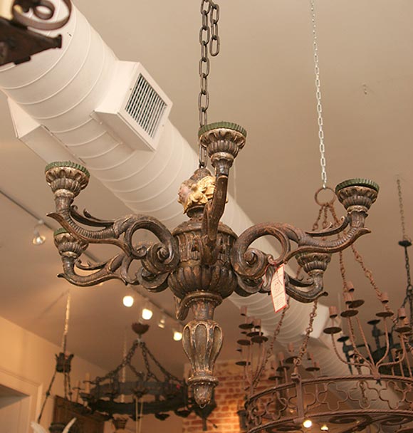 Giltwood Chandelier with Painted Cherubs