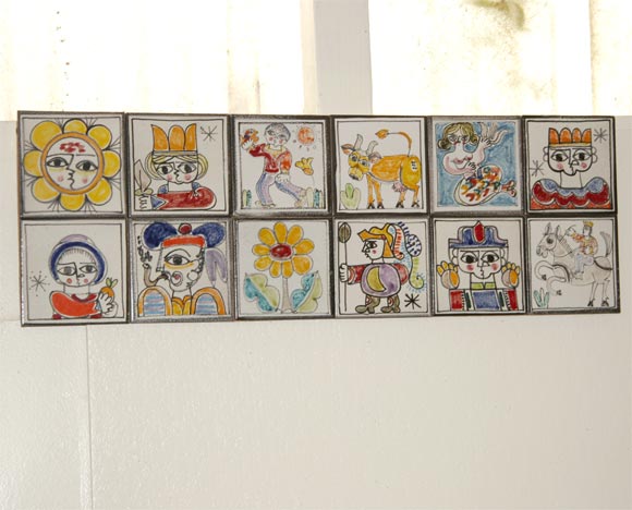 Desimone was a ceramic artist whose work is highly sought after.<br />
He is deceased, and people tried to copy his work, but these are the real deal. These twelve tiles have been compiled and glued onto a piece of board. they make a great