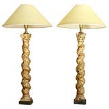 PAIR CARVED WOOD LAMPS