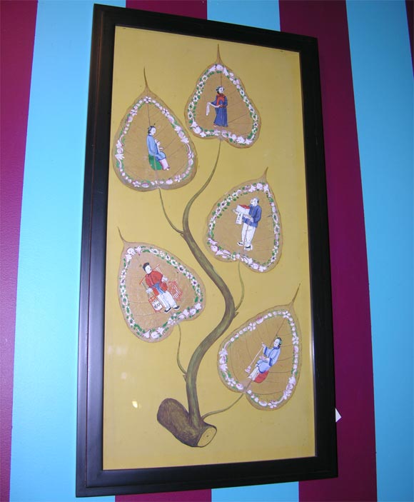 Pair of Framed Handpainted Tree of Life Pictures on Leaves and Paper
