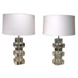 Pair of Table Lamps in Thick Acrylic Blocks by Karl Springer