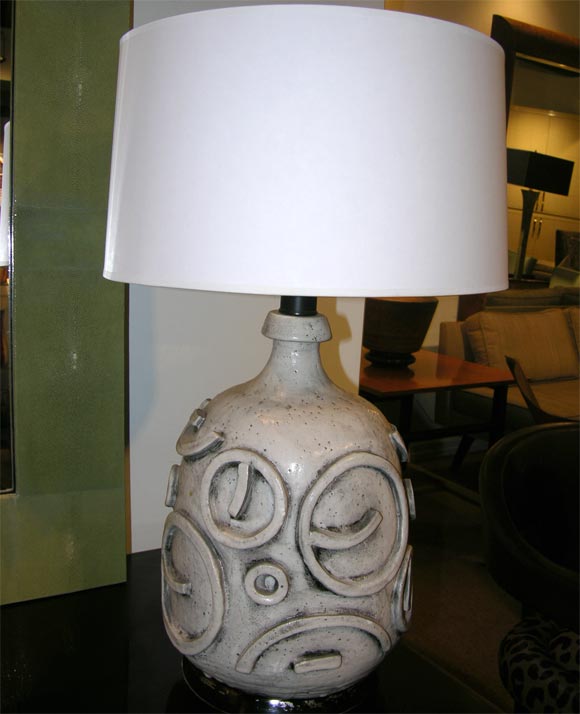 Pair of Ceramic Table Lamps with Geometric Relief Decoration
