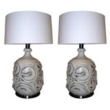 Pair of Ceramic Table Lamps with Geometric Relief Decoration