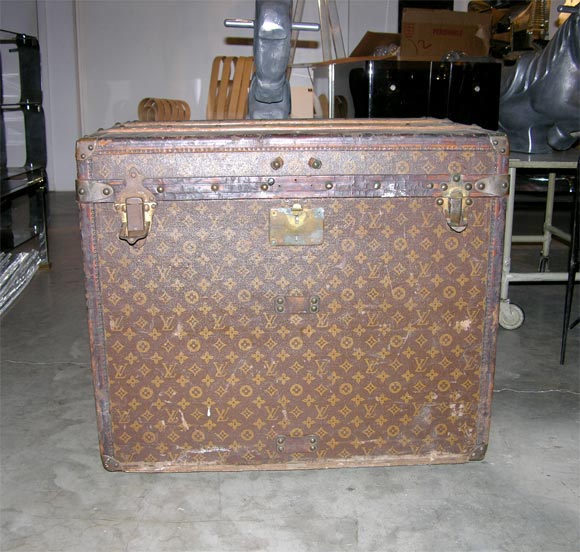 Large Louis Vuitton Leather and Canvas Trunk with Brass and Wood Accents
