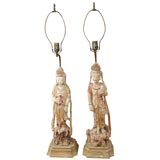 A Two polychromed wood standing figures of Guanyin-