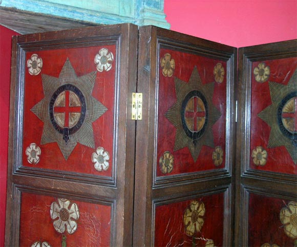 Oak Arts and Crafts leather and oak screen