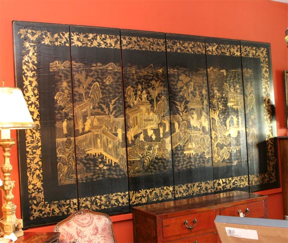 Chinese Export Gold and Black Lacquer Six-Panel Screen