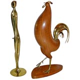 A Bronze Figure of a Female and a Wooden Rooster by Hagenauer