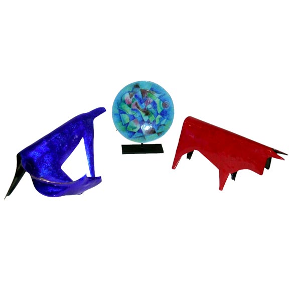 Two Enameled Animal Form Sculptures and An Enamel Dish