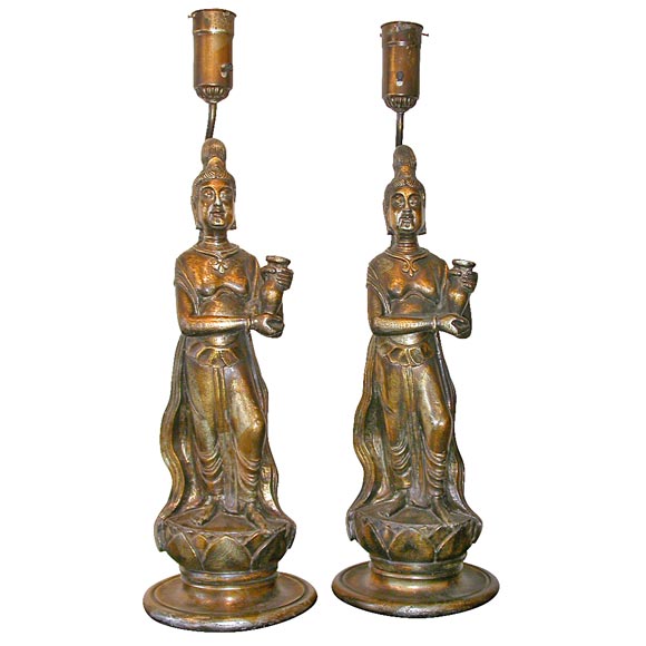 Pair of James Mont Asian Deities Lamps