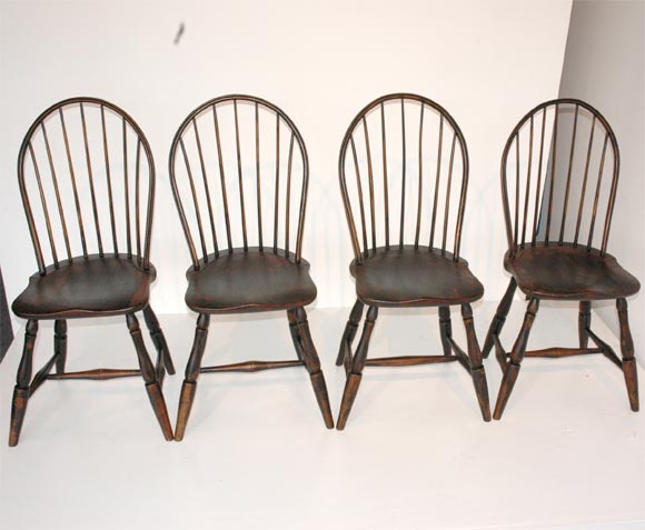 SET OF FOUR 18THC WINDSOR CHAIRS FROM NEW ENGLAND/ALL ORIGINAL PAINT-BLACK OVER RED PAINT-GREAT PATINA WITH GREAT HEIGHT-ALL EARLY CONTRUCTION WITH ROSE HEAD NAILS AND WOOD PEGS