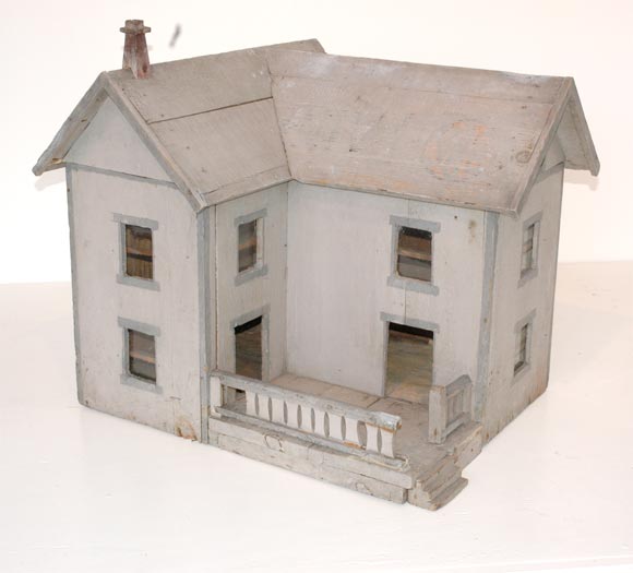 19THC ORIGINAL PAINTED DOLL HOUSE-VERY FOLKY AND A LARGE OVER SIZED BACK DOOR FOR GETTING IN AND OUT WITH FURNITURE/GREAT SOFT GREY COLOR WITH A RED BRICK CHIMNEY