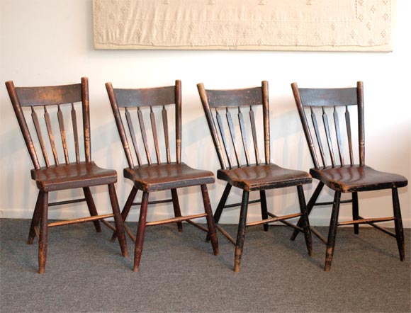 19THC ORIGINAL BLACK OVER RED WORN PAINTED PLANK BOTTOM AND ARROW BACK CHAIRS IN A WONDERFUL WORN PATINA,THESE CHAIRS CAME OUT OF THE MID WEST AND ARE VERY UNUSUAL AND FOLKY