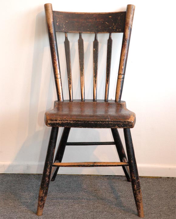 American 19THC ORIGINAL WORN BLACK OVER RED PAINTED ARROW BACK CHAIRS
