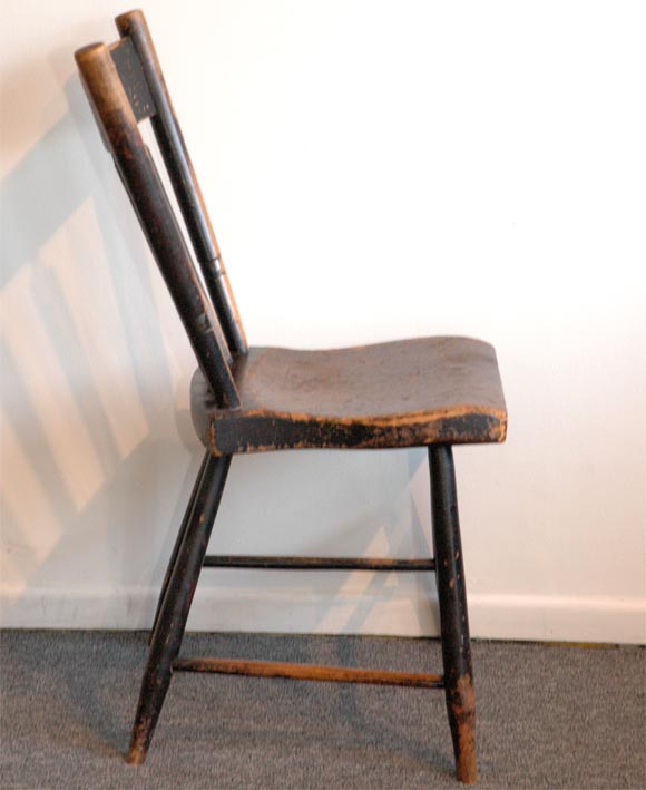 Pine 19THC ORIGINAL WORN BLACK OVER RED PAINTED ARROW BACK CHAIRS