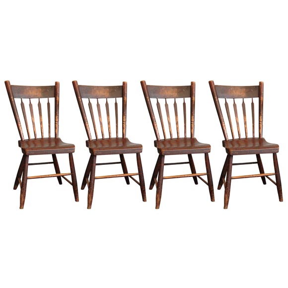 19THC ORIGINAL WORN BLACK OVER RED PAINTED ARROW BACK CHAIRS