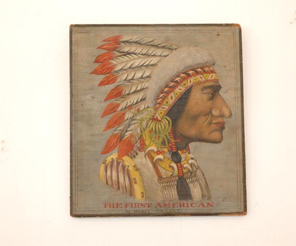19THC ORIGINAL PAINTED INDIAN ON WOOD AND TITLED 