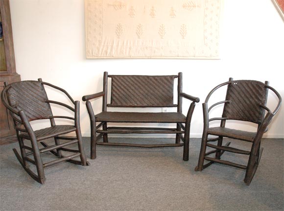 RARE AND ALL ORIGINAL DARK BROWN AGED SURFACE ,THREE PIECE HICKORY SETEE AND MATCHING ROCKING CHAIRS ,SIGNED 