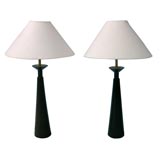 Pair of turned wood lamps with satin paper shades
