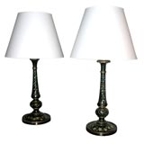Pair of  Black Lacquered Mother of Pearl Candlestick Lamps