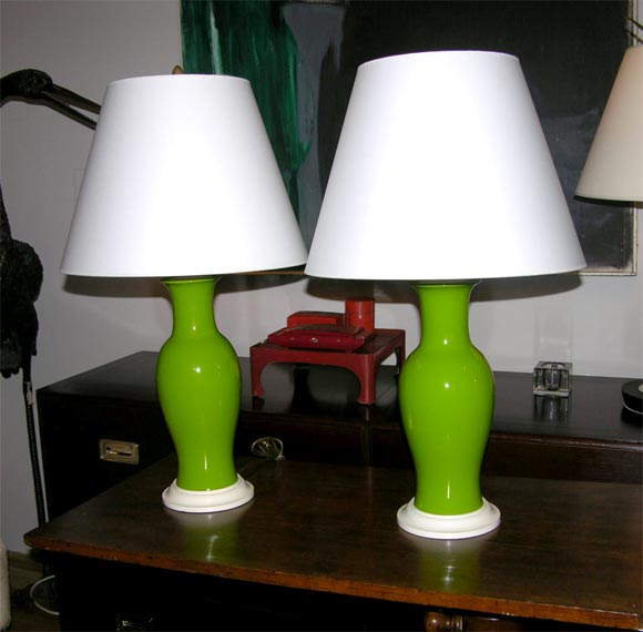 Pair of Apple Green Ceramic Vase Lamps