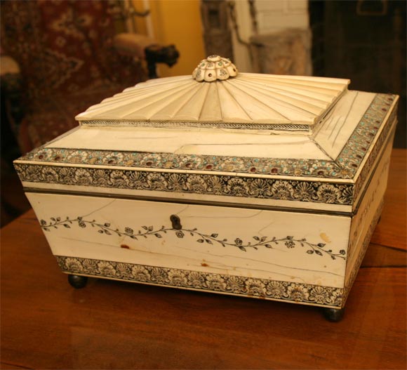 Beautifully detailed Ivory sewing box, the top inlaid with turquoise and garnets and decorated with penwork.   Nicely detailed interior in sandalwood