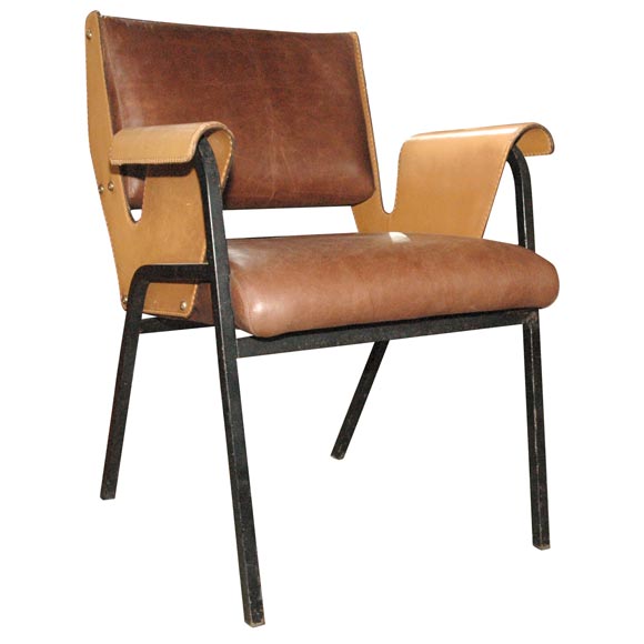 Gianfranco Frattini Leather and Black Iron Base Armchair