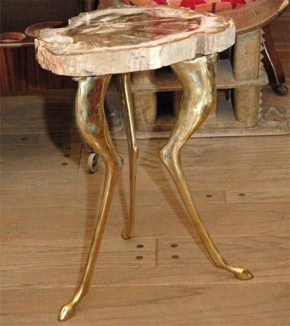 Petrified Wood Top Table on Bronze Tripod Hoof Base