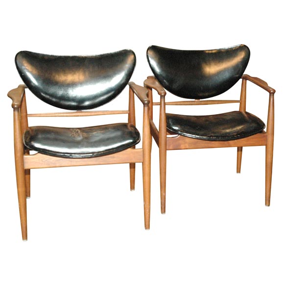 Pair of Finn Juhl Black Leather Armchairs