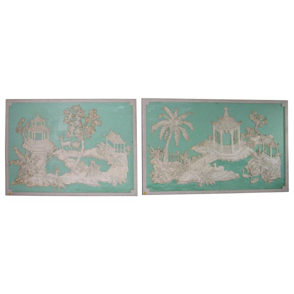 Two Large Decorative Chinoiseries Carved Panels by Terrell