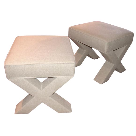 Pair of Massive X-Benches in Natural Linen For Sale
