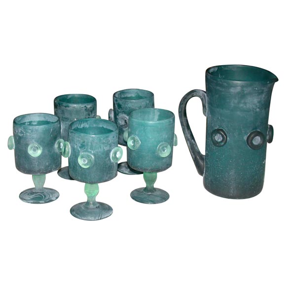 Swedish Glass Pitcher with Five Glasses
