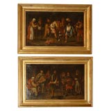 Antique Pair of oil on canvas showing gathering of beggers