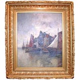 Antique Dutch Harbor Scene by Fritz Schall