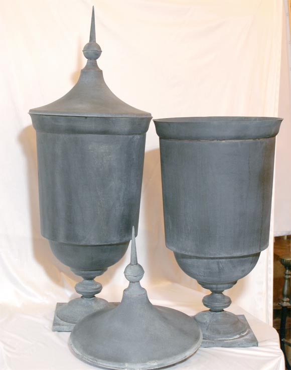 French PAIR OF ZINC LIDDED URNS
