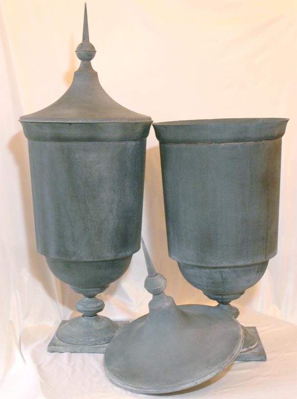 Contemporary PAIR OF ZINC LIDDED URNS
